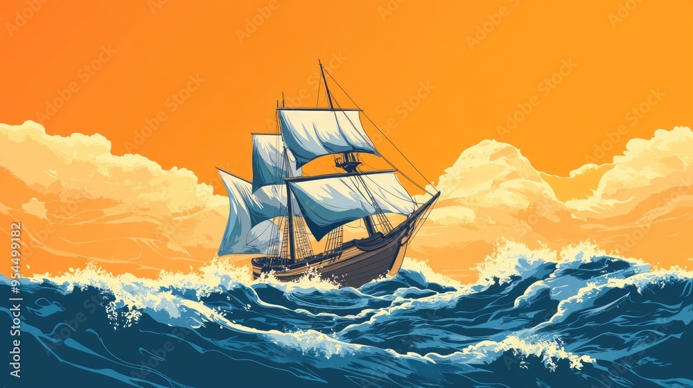 Obraz premium Illustration of a ship sailing on sea waves under a sky backdrop
