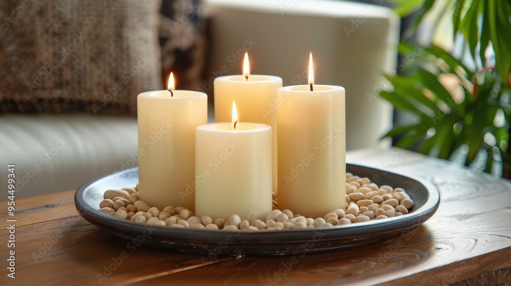 Candles: On the coffee table, three pillar candles of different heights sit in a ceramic tray with pebbles, enhancing the space with a peaceful and calming effect.
