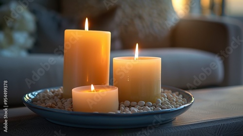 Candles: This set of three pillar candles, placed on the coffee table in a ceramic pebble-filled tray, features varying heights and casts a serene, calming glow. 