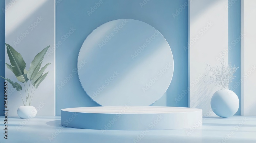 Empty podium surrounded by geometric shapes in a blue composition designed for a modern stage display and minimalist mockup serving as an abstract showcase background 3D illustration concept or 3D Empty podium surrounded by geometric shapes in a blue composition designed for a modern stage display and minimalist mockup serving as an abstract showcase background 3D illustration concept or 3D