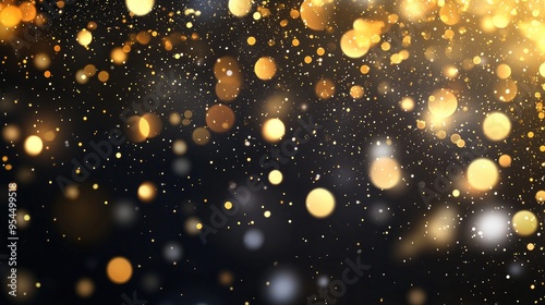 Gold glitter illustration on a dark background featuring confetti elements Sparkling dots and round tinsel create a festive backdrop for celebrations photo