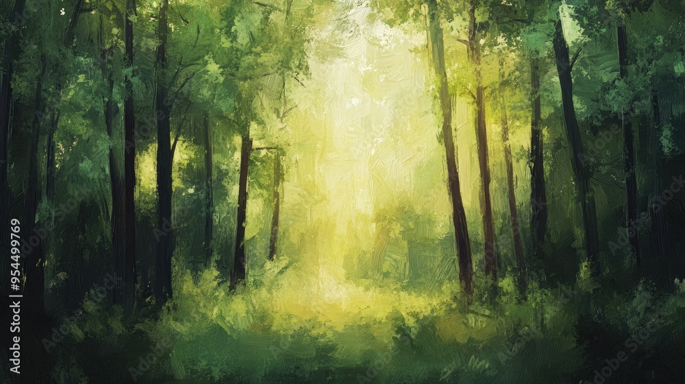 Impression of a forest in summer showcasing beauty ideal for home decor wall art or as a print background featuring a hand painted oil painting style Impression of a forest in summer showcasing beauty ideal for home decor wall art or as a print background featuring a hand painted oil painting style