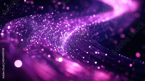 Glowing purple fiber optic cables form a vortex of luminous glass strands in darkness ideal for themes related to technology networking and the internet 3D illustration
