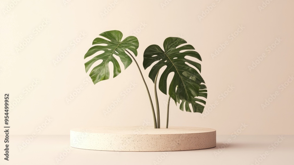 Obraz premium Minimalist display pedestal featuring a monstera leaf 3D rendering