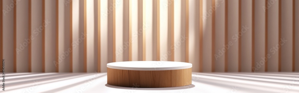 Wooden pedestal podium with a vertical pattern in the background Minimalist abstract scene for showcasing makeup products stage displays and presentations Realistic brown wood and white 3D cylinde Wooden pedestal podium with a vertical pattern in the background Minimalist abstract scene for showcasing makeup products stage displays and presentations Realistic brown wood and white 3D cylinde