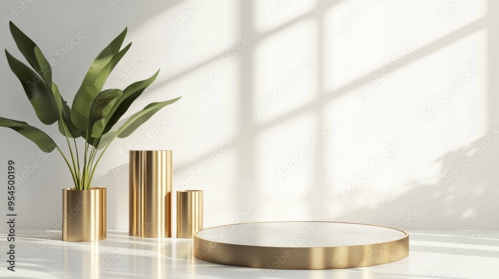 Gold cylinder plant shadows on the wall and podium set against a white background Product display area with a circular platform for showcasing items 3D rendering Gold cylinder plant shadows on the wall and podium set against a white background Product display area with a circular platform for showcasing items 3D rendering