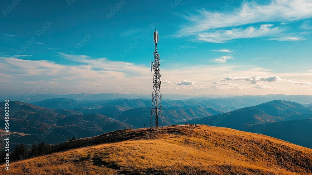 Obraz premium Signal tower antenna standing tall on a mountain hill, surrounded by rural nature with vast landscapes in the background
