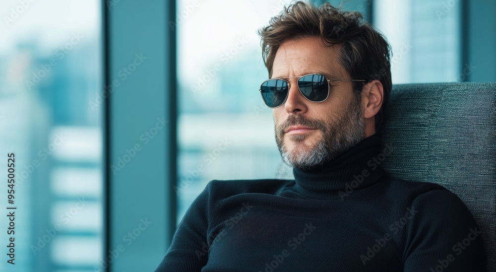 Fototapeta premium Pensive man in sunglasses gazing out window