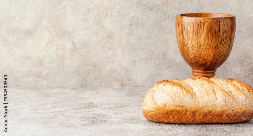 wooden cup and bread on concrete background wooden cup and bread on concrete background