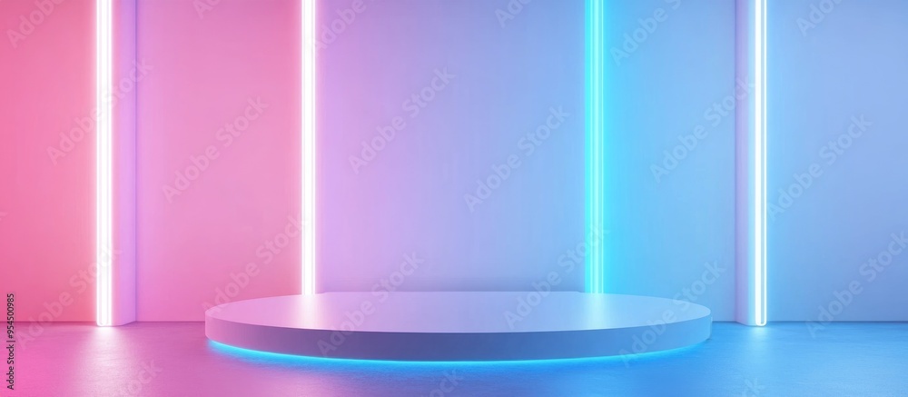 Blank product display with neon lights against a pastel blue and white backdrop 3D rendering Blank product display with neon lights against a pastel blue and white backdrop 3D rendering