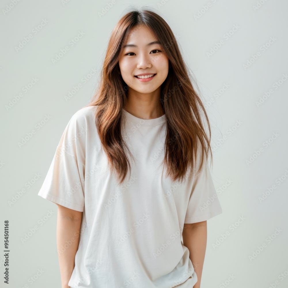Smiling young woman long hair wears simple white t-shirt light background Smiling young woman long hair wears simple white t-shirt light background