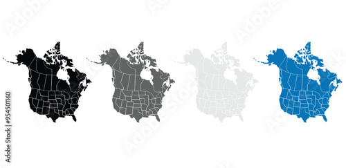 Map of North America with isolated countries.United States, Canada ,Mexico. modern colorful style.States and geographical borders, political map vector illustration,Cities.