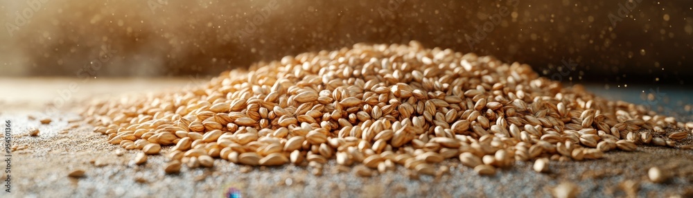 Fototapeta premium Close-Up of Golden Wheat Grains on Rustic Surface with Warm Lighting and Dust Particles in the Air