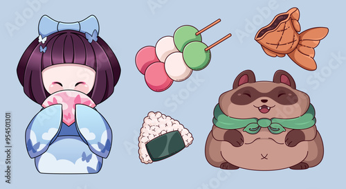 Asian and Japan daruma icon with geisha and fish food set. Travel culture toy and tradition amulet cute graphic. Festival craft and cuisine symbol isolated element collection. Girl in kimono souvenir