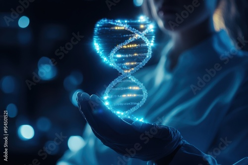 A researcher holds a holographic DNA strand above various animal species, demonstrating advanced biology, zoology, and genome research techniques.