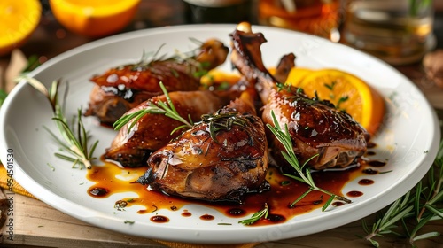 Savory roasted duck legs with vibrant orange and rosemary sauce for an elegant dining experience