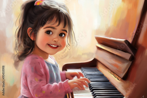 digital painting child play the piano with smile