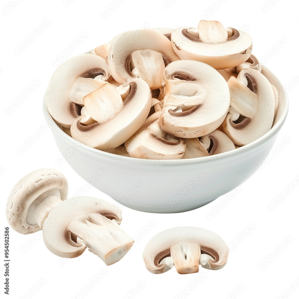 Sliced mushroom filled in bowl on isolated transparent background Sliced mushroom filled in bowl on isolated transparent background