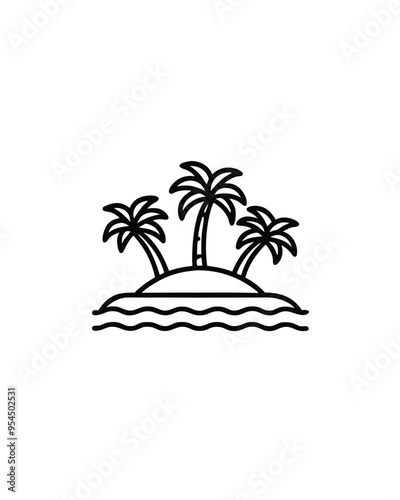 Editable stroke vector of a tropical island with palm trees and waves.