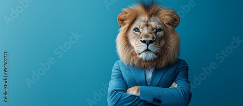 A lion in a suit exudes confidence and power, symbolizing leadership and strength in a modern concept.