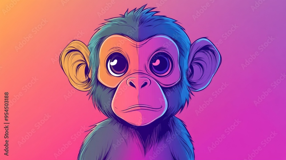 Colorful gradient line illustration of a cartoon monkey with a suspicious expression Colorful gradient line illustration of a cartoon monkey with a suspicious expression