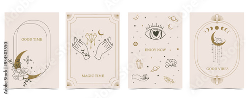 Boho invitation card with tarot style and deco frame. Mystic for a4 vertical design