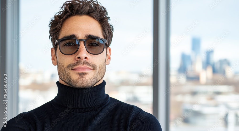 stylish man with glasses and beard looking out window stylish man with glasses and beard looking out window