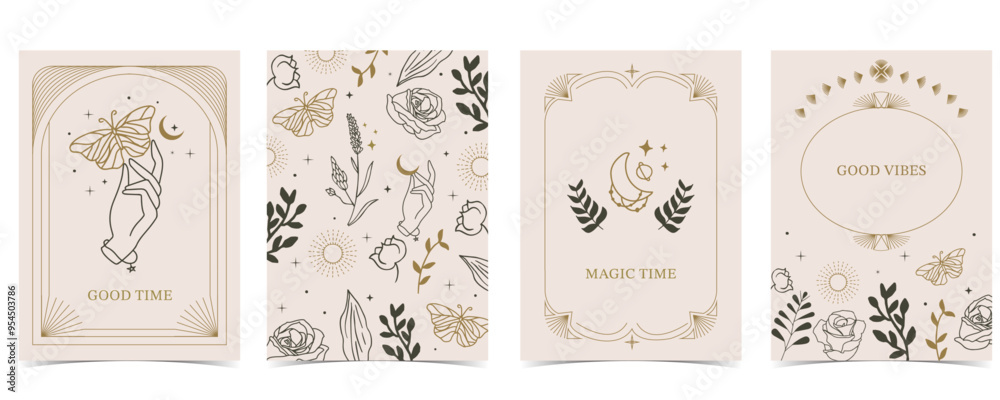 Fototapeta premium Boho invitation card with tarot style and deco frame. Mystic for a4 vertical design