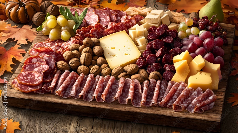 A wooden platter filled with salami, cheese, nuts, and grapes. A wooden platter filled with salami, cheese, nuts, and grapes.
