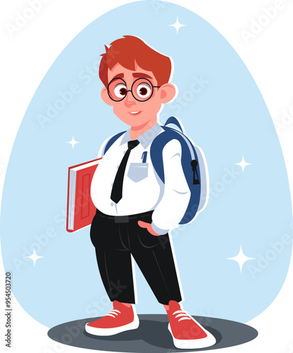 schoolboy with a backpack and books goes to school