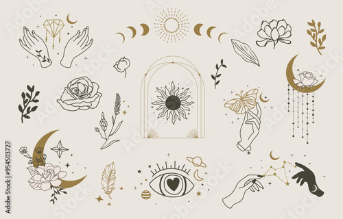 Boho Mystic style line icon withBoho Mystic style line icon with flower,rose,magnolia,sun,moon flower,rose,lily,sun,moon