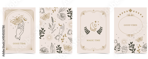 Boho invitation card with tarot style and deco frame. Mystic for a4 vertical design