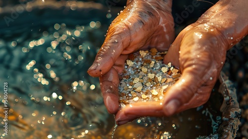 Man washing sand in  shallow stream  for gold panning  photo