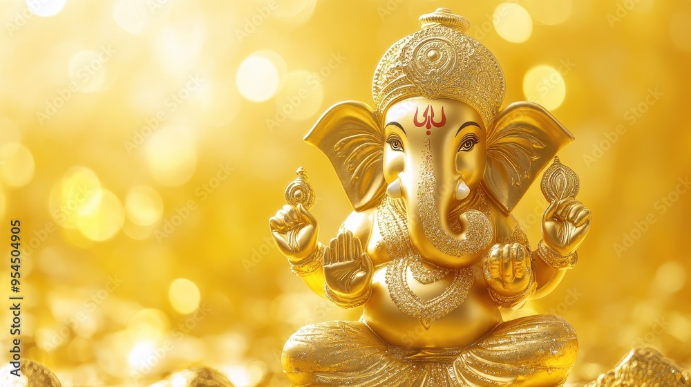 Fototapeta premium Radiant Golden Ganesh, Ideal for Festive Celebrations and Spiritual Enlightenment