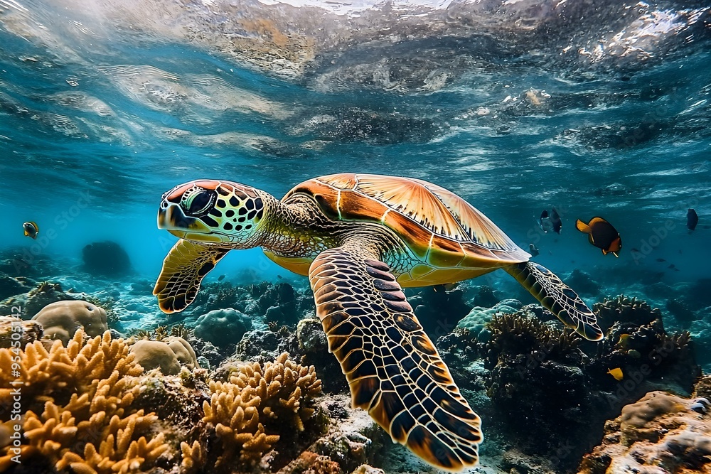 Obraz premium turtle swimming underwater on tropical clear water corals