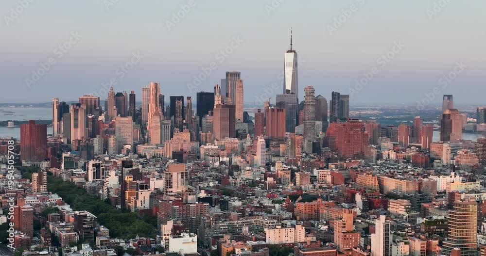 Sunrise above Lower Manhattan skyscrapers, aerial view