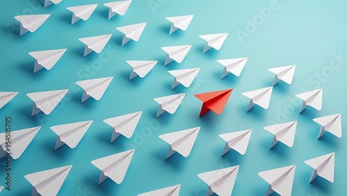 3D illustration of leadership success business concept rocket paper fly over color background lead rocket stand out of other paper rocket follower