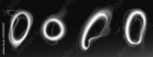 Smoke rings set isolated on transparent background. Vector realistic illustration of cigarette steam clouds with round twirls floating in air, vape or hookah vapor, nicotine puff, air whiff effect