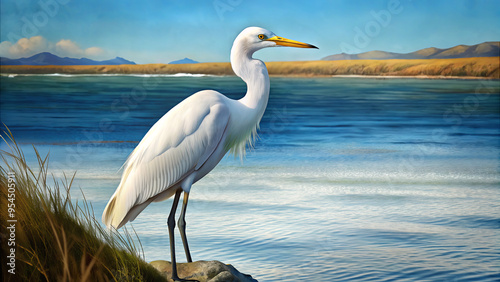 A white heron poses elegantly at the water's edge, surrounded by soft grasses and mountains in the distance, capturing the peaceful essence of nature at dawn