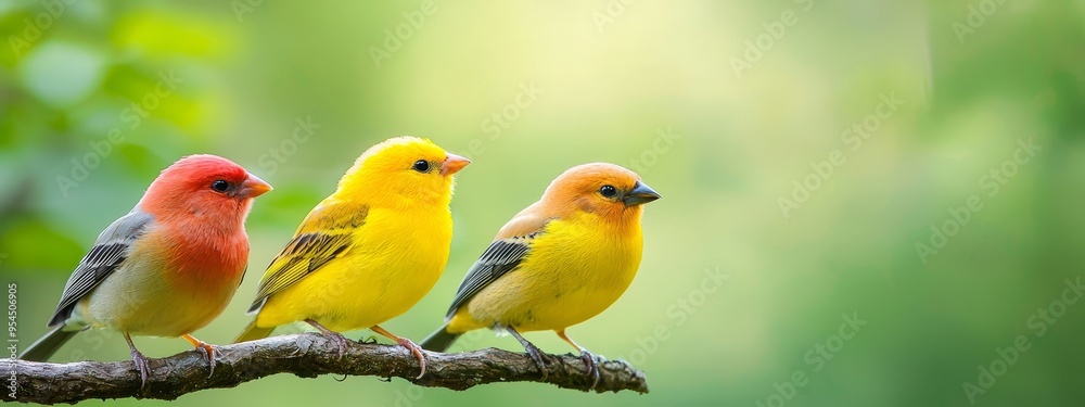 Three birds perch atop a tree branch against a backdrop of a verdant forest with lush green leaves Three birds perch atop a tree branch against a backdrop of a verdant forest with lush green leaves