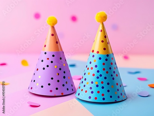 Colorful Party Hats on Pink Background Illustration