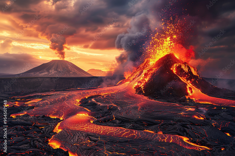 Generative ai on theme of erupting volcano with cascading hot lava surrounded thick white smoke Generative ai on theme of erupting volcano with cascading hot lava surrounded thick white smoke
