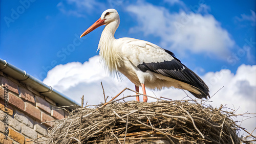The stork stands proudly on its nest made of twigs, surveying its surroundings under a bright blue sky filled with white clouds. It's a beautiful afternoon