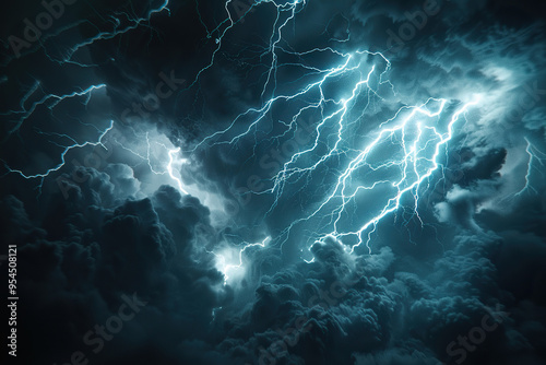 Generative ai on theme of scary bright electric lightning bolt with branches in the night dark sky