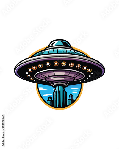 Editable stroke vector of an alien spaceship hovering over a city.