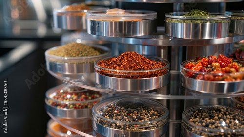 Fototapeta Naklejka Na Ścianę i Meble -  Spice Rack: A convenient organizer for various spices and herbs, designed as a rotating carousel, wall-mounted rack, or drawer insert for easy access and organization.

