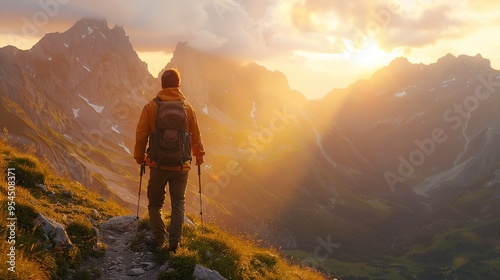 Hiker trekking along a mountain trail at sunset