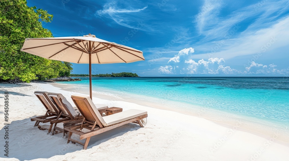 Serene Tropical Beach with Lounge Chairs and Umbrella on White Sand Under Clear Blue Sky Serene Tropical Beach with Lounge Chairs and Umbrella on White Sand Under Clear Blue Sky