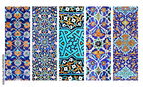 Set of vertical or horizontal banners with detail of ancient mosaic walls with floral and geometric ornaments. Collection of backgrounds with traditional iranian tile decorations