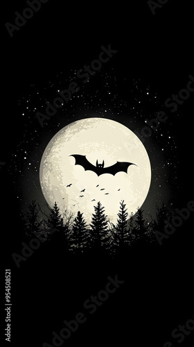 A solitary bat soars against a backdrop of a full moon and a silhouetted forest, creating a hauntingly beautiful nighttime scene.